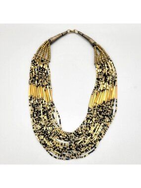 Multi Strand Bib Necklace Glass Beads Gold Black Single Blue Bead